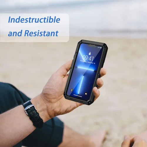 Vista 7 de Lanhiem Funda metálica para iPhone 13 Pro, resistente a los golpes, con protector de pantalla de vidrio integrado, funda protectora de cuerpo Negro