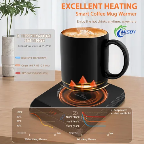 Vista 2 de Misby Calentador de tazas, calentador de café y calentador de tazas para escritorio con 3 ajustes de temperatura, encendido y apagado automático por