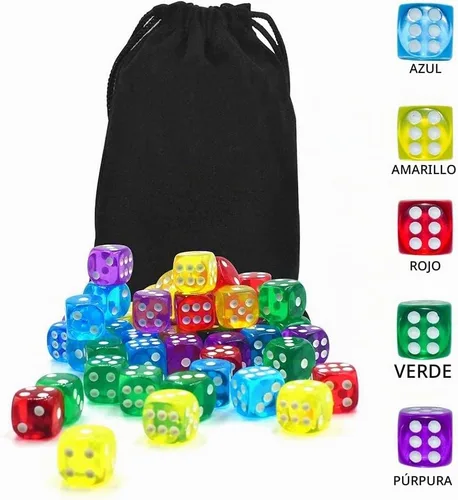 Vista 3 de Paquete de 50 dados de 6 lados de 14 mm de colores translúcidos, con bolsa negra para juego de mesa