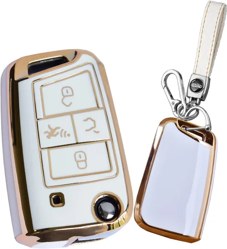 Vista 8 de SANRILY Golden-Edge - Funda para llavero de 4 botones para VW Tiguan Golf Jetta Polo Atlas Skoda de protección completa sin llave con llavero