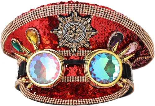 Vista 2 de COSDREAMER Sombrero de lentejuelas para mujer, sombrero de capitán militar con gafas