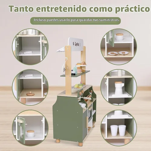Vista 5 de Juego de madera para cafetería, tienda de comestibles de simulación con alimentos de juguete, 37 PCS Soporte realista de sessert para panadería