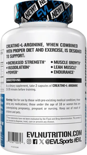 Vista 3 de Evlution Nutrition Creatina + L-Arginina – Apoya el flujo sanguíneo, la recuperación después del entrenamiento y el crecimiento muscular magro – 500