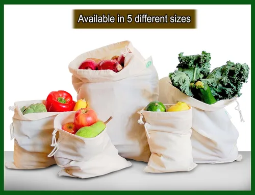 Vista 3 de Bolsas reutilizables de algodón lavables – Bolsas de algodón orgánico para verduras – Bolsa de tela con cordón – Bolsas de tela de muselina