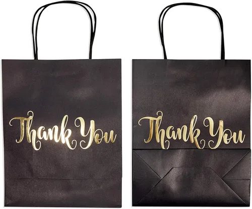 Vista 6 de Sparkle and Bash Paquete de 24 bolsas de regalo de papel de agradecimiento negras medianas con asas, lámina dorada