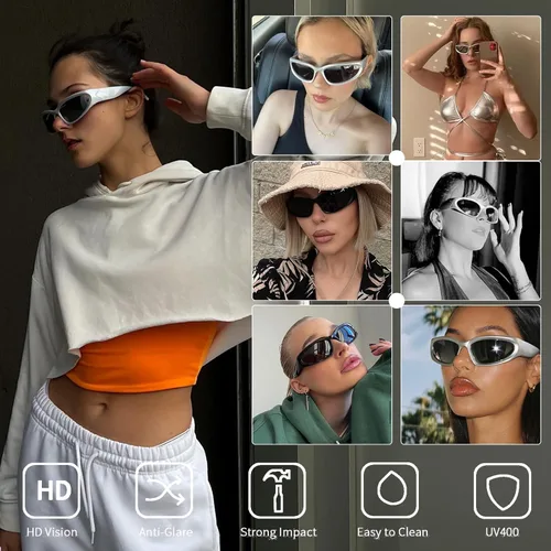 Vista 6 de Kepoita Y2K - Gafas de sol envolventes para hombres y mujeres modernas sombras futuristas Swift ovaladas deportivas Marco plateado espejo