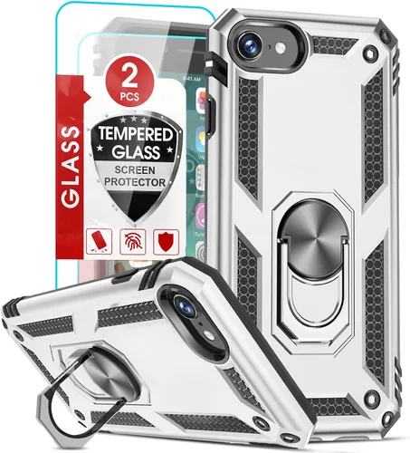 Vista 9 de LeYi Funda para iPhone SE con 2 protectores de pantalla de vidrio templado, funda de grado militar con soporte de anillo magnético para iPhone SE