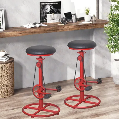 Vista 10 de Topower Taburete de bar vintage para bricolaje, cadena de bicicleta, pedal de hierro, retro, industrial, altura ajustable, diseño de rueda