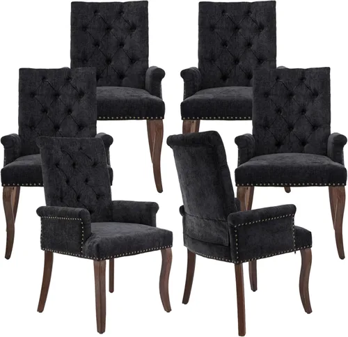 Vista 41 de Sillas de Comedor Tapizadas Acolchadas de Chenilla con Brazos y Ribete de Tachuelas – Marco y Patas de Madera Maciza, Estilo Granja Moderna