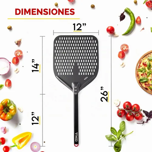 Vista 4 de TKC Cáscaras perforadas de pizza de 12 pulgadas y 8 pulgadas – Pelar profesional de aluminio para pizza – Espátula de pizza de metal de mango largo