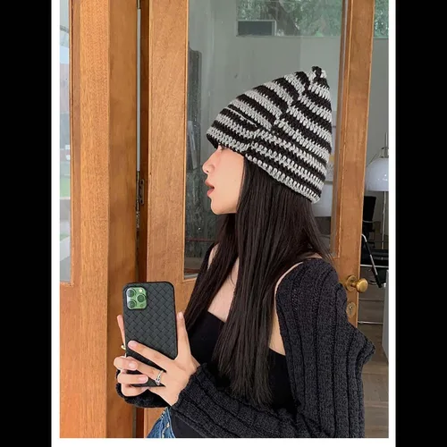 Vista 7 de Lindo gorro de punto para mujer, suéter de lana cálida para otoño e invierno con protección para orejas de gato