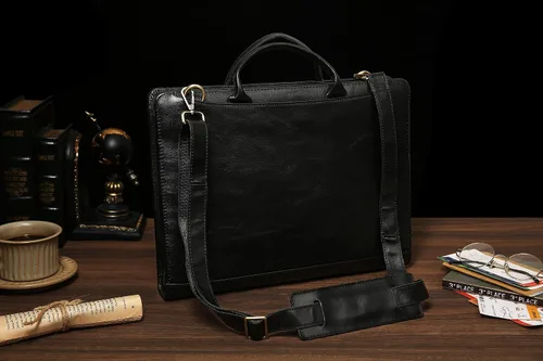 Vista 6 de Organizador de cuero genuino, maletín profesional de cuero de negocios con correa, 14 × 10.5 pulgadas personalizado Padfolio de cuero con asa, negro