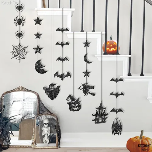 Vista 5 de KatchOn, Guirnalda de Halloween negra con purpurina, enorme, paquete de 10 unidades, guirnalda de decoración de fiesta de Halloween con recortes