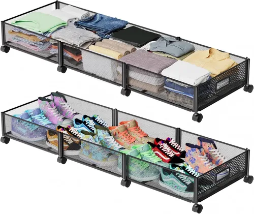 Vista 9 de Almacenamiento debajo de la cama sobre ruedas, almacenamiento grande mejorado de 31.5 pulgadas, organizador plegable de metal para debajo