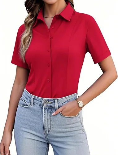 Vista 10 de Siliteelon Camisetas de Botón para Mujer, Ajustadas, de Manga Corta, Elásticas, Camisa de Vestir, Sin Arrugas, Sólida, Blusa de Trabajo