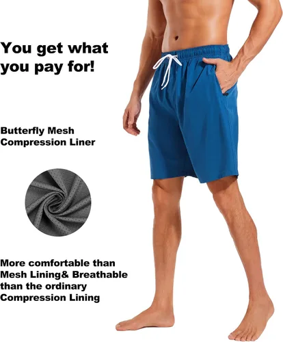 Vista 4 de Difficort - Traje de baño para hombre con forro de compresión, pantalones cortos de secado rápido con bolsillos con cremallera