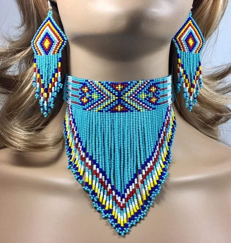 Vista 5 de Collar de Gargantilla de Estilo Nativo con Cuentas de Semillas Trenzadas Azul