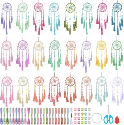 Vista 6 de INFUNLY 12 piezas Kit DIY de mini atrapasueños boho, kit de atrapasueños pequeños de color arcoíris para principiantes, atrapasueños hechos a mano