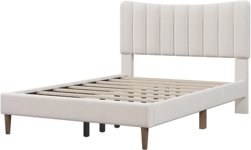 Vista 5 de Base de cama tapizada moderna de tamaño matrimonial con cabecera capitonada de canal vertical, base de cama de lino con plataforma completa