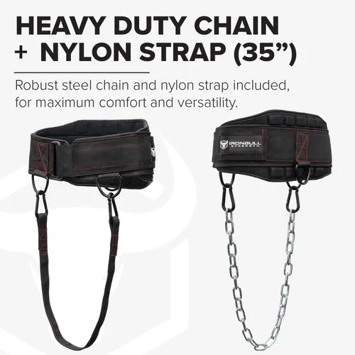 Vista 3 de Advanced Dip Belt V2 – Cinturón con peso resistente con respaldo reforzado, cadena y correa de nylon – Anillos en D de anclaje de 3 puntos