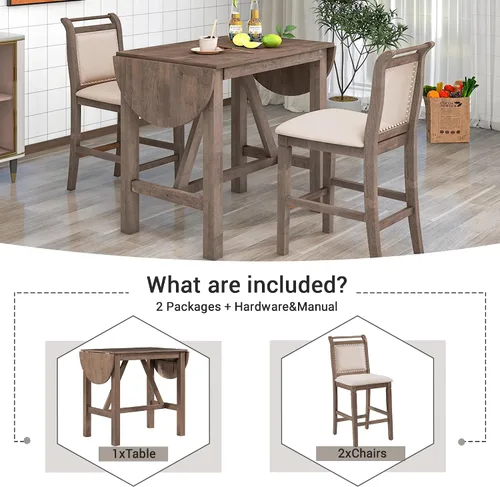 Vista 4 de RUNNA Juego de mesa de comedor de madera de 3 piezas con 2 sillas de comedor tapizadas para lugares pequeños (marrón #059)