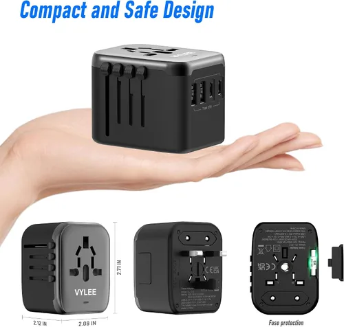 Vista 8 de [Negro Gris + Blanco Plata] VYLEE Adaptador de enchufe de viaje universal internacional, adaptador de enchufe de viaje europeo 5 en 1 con 3.5A