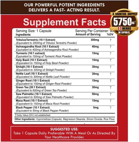 Vista 8 de Amalth Tribulus Terrsestris, extracto 20:1 por porción, mayor potencia con Ashwagandha, Saw Palmetto, Shilajit 120 cápsulas