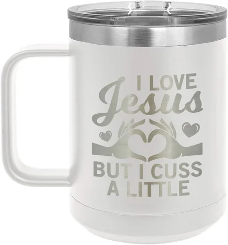 Vista 12 de Taza de café con tapa abatible, diseño con texto "I love Jesus but I CUSS A LITTLE 15 oz con tapa superior taza de café de viaje aislado Ideas
