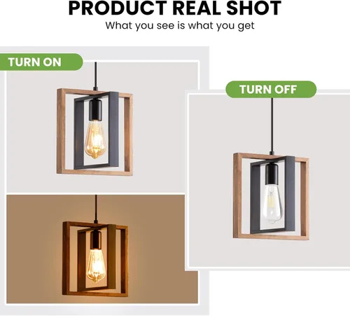 Vista 5 de Lámpara colgante estilo granja, luces colgantes negras para isla de cocina, luz colgante de metal industrial y madera vintage, lámpara de techo
