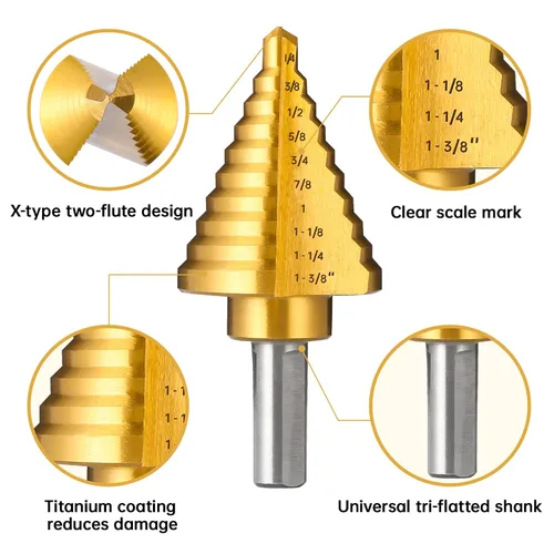 Vista 2 de Broca escalonada de titanio, broca de paso de 1/4" a 1-3/8" para metal, juego de 10 tamaños de broca escalonada HSS Unibit