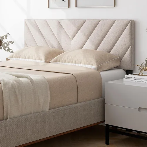 Vista 4 de KOMFOTT - Cabecera tapizada en tela de lino para cama tamaño Full/Queen, cabecera rectangular con patas de madera maciza y ancho ajustable, cabecera