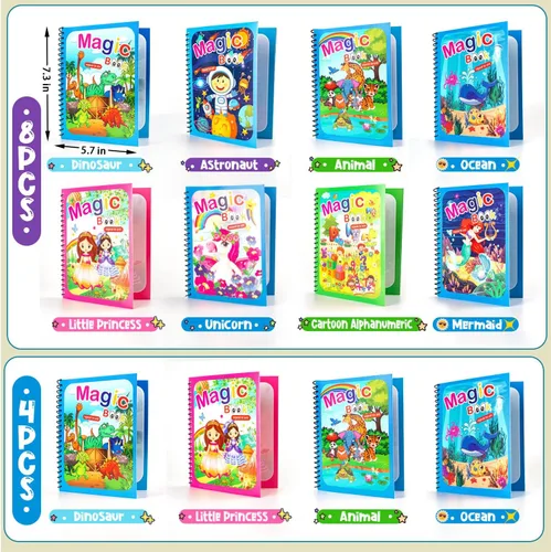 Vista 2 de Paquete de 8 libros para colorear con agua, libros reutilizables para pintar con agua con dinosaurios para niños pequeños, libro para colorear