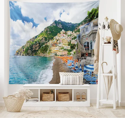 Vista 2 de Lunarable Tapiz de la costa de Amalfi, tumbonas y sombrillas en la playa, casas de pueblo antiguo Positano on Campania, Italia, decoración de tela