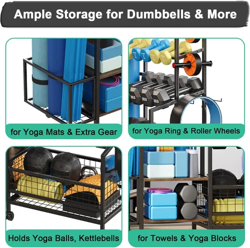 Vista 6 de Soporte para mancuernas de 3 niveles, estante de peso ajustable para gimnasio en casa Heavy-duty stand with hooks for dumbbells, kettlebells, foam