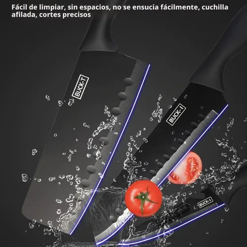 Vista 5 de Juego de cubiertos negros de 7 piezas con tabla de cortar con bloque de cuchillos