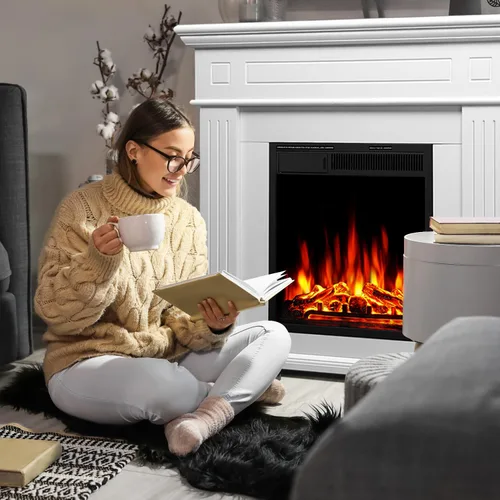 Vista 7 de Chimenea eléctrica con chimenea envolvente de madera, control remoto, llama LED ajustable, chimenea independiente de 750 W/1500 W (blanco perlado)