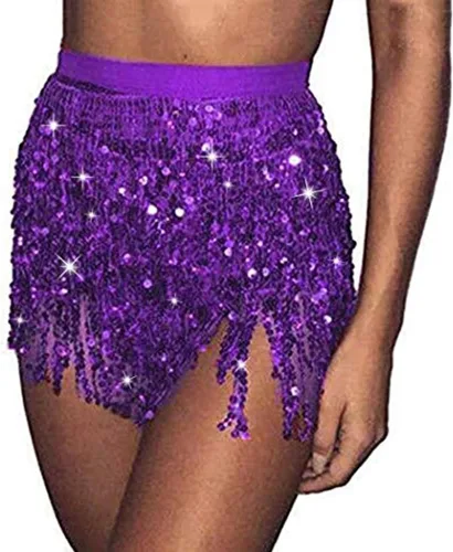 Vista 2 de WULIQIUQIU Bufanda de cadera para danza del vientre, falda de baile con flecos y lentejuelas, disfraz de festival de música rave para niñas