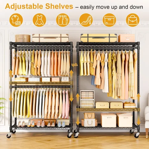 Vista 3 de ULIFHOME P5 Plus - Perchero resistente para colgar ropa, perchero de metal con ruedas, estante portátil de 3 niveles para armario de 45 pulgadas