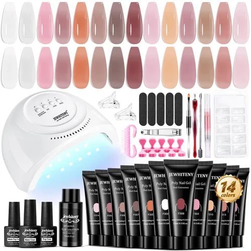 Vista 13 de JEWHITENY Kit de uñas de gel de 14 colores, kit de esmalte de uñas de gel de 27 colores con luz UV todo en uno, kit de iniciación de arte de uñas