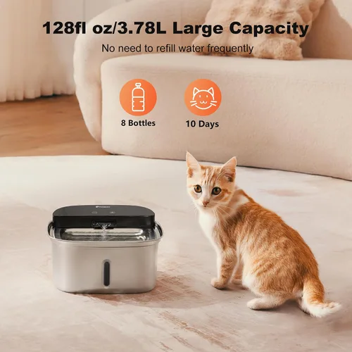 Vista 6 de Fuente de agua inalámbrica para gatos de acero inoxidable, dispensador de agua automático inalámbrico de 128 onzas / 3.78 L para gatos y perros