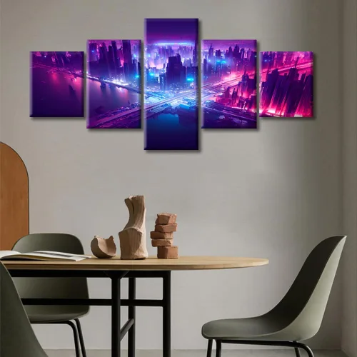 Vista 390 de Cuadros de 5 paneles de Cyberpunk City, arte de pared, representación de vallas publicitarias, edificios modernos en la capital con obras de arte