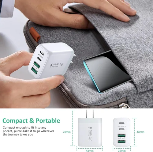Vista 5 de Bloque de cargador USB C de 40 W, paquete de 2 cargadores de pared USB C de 4 puertos, cubo de carga rápida de teléfono tipo C con cable USBC a USBC