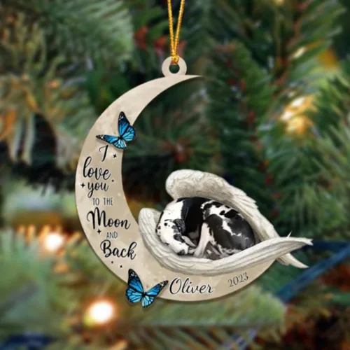 Vista 23 de Adorno colgante personalizado de ángel durmiendo en la luna, perro sabueso afgano, nombre personalizado, acrílico impreso en 2D plano – cumpleaños