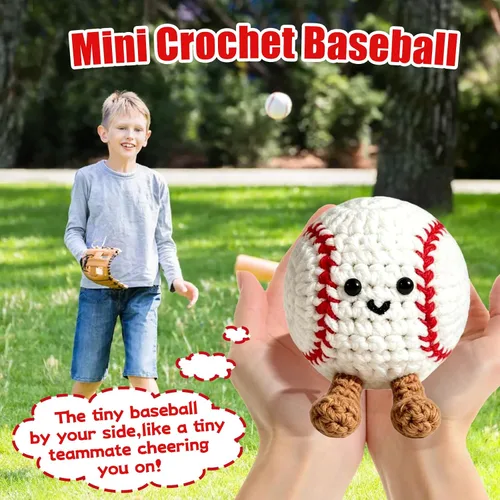 Vista 4 de Regalos positivos de ganchillo de béisbol para niños, hombres, papá, muñeca de punto inspiradora con tarjeta de aliento y llavero de caja, divertida