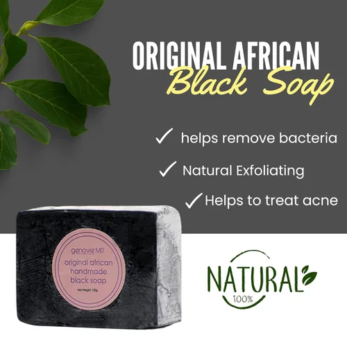 Vista 2 de genovie MD Jabón negro africano original, barra de jabón facial y corporal para mujeres, jabón negro para el acné, lavado de piel seca y piel