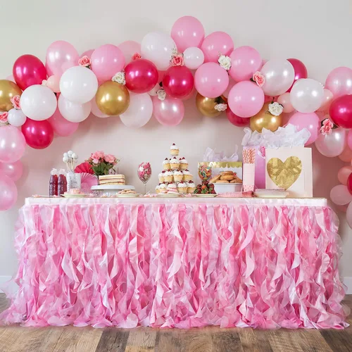 Vista 15 de Falda de mesa tutú azul. Falda de mesa de 6 pies con sauces de organza de doble capa para decoraciones bajo el mar, decoración de primer cumpleaños