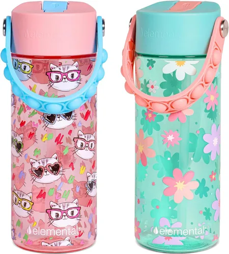 Vista 33 de Elemental Botellas de agua para niños – Botella de agua para niños Splash para la escuela con mango Pop-it – Botella de agua de plástico Tritan sin