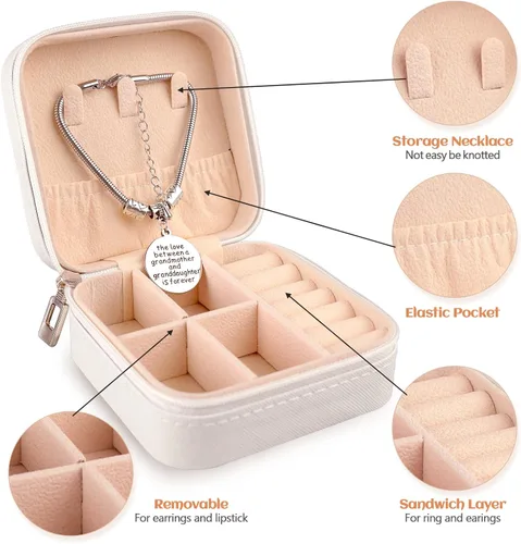 Vista 4 de Joyero personalizado para mujer, joyero de viaje personalizado con nombre, organizador de joyas de viaje para anillos, aretes, collares, regalos
