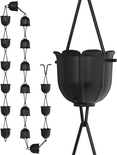 Vista 18 de Rain Chains Direct - Cadena de lluvia de tulipán - 8.5 pies - Aluminio recubierto de polvo negro - Cadenas de lluvia premium para canalones
