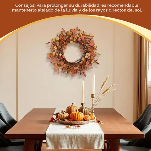 Vista 4 de Corona de otoño de 20 pulgadas para puerta delantera, decoración de otoño con hojas de eucalipto naranja, coronas rústicas de cosecha de Acción
